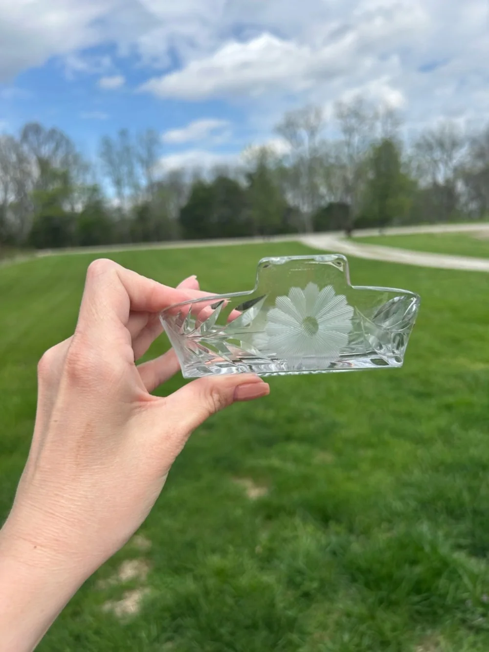 Vintage floral etched & starburst crystal‎ trinket box Candy Dish Classic W/lid